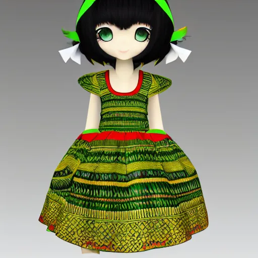 Prompt: cute fumo plush of a girl in a green and gold tribal patterned dress, stylized material bssrdf, cel shading, vray, anime girl