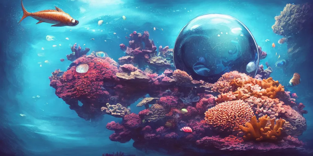 Image similar to photo of an extremely cute alien fish swimming an alien habitable underwater planet, coral reefs, dream-like atmosphere, water, plants, peaceful, serenity, calm ocean, tansparent water, reefs, fish, coral, inner peace, awareness, silence, nature, evolution, wide angle, super highly detailed, professional digital painting, artstation, concept art, smooth, sharp focus, no blur, no dof, extreme illustration, Unreal Engine 5, Photorealism, HD quality, 8k resolution, cinema 4d, 3D, beautiful, cinematic, art by artgerm and greg rutkowski and alphonse mucha and loish and WLOP