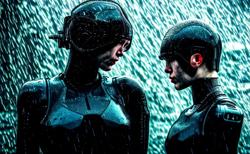 Image similar to cinestill 5 0 d candid photographic portrait by christopher nolan of two loving female androids wearing rugged black mesh techwear in treacherous waters, extreme closeup, modern cyberpunk moody emotional cinematic, pouring rain menacing red spotlight, 8 k, hd, high resolution, 3 5 mm, f / 3 2, ultra realistic faces, ex machina