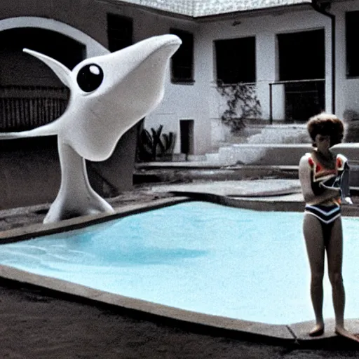 Image similar to a woman and her friend, an anthropomorphic nostril in a swimming pool, live-action children's television show, 1974, technicolor