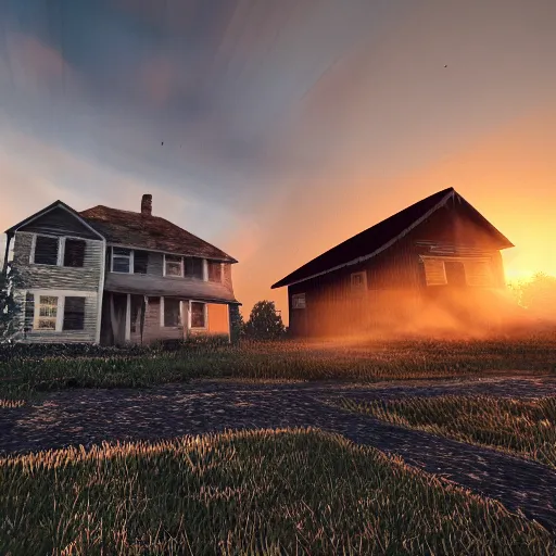 Image similar to Old breaking houses, orange dawn, vaponpunk, sunset, 8k, soft light, ray tracing, wet ground