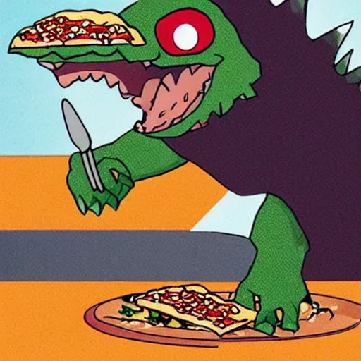 Prompt: an godzilla eating pizza with a fork