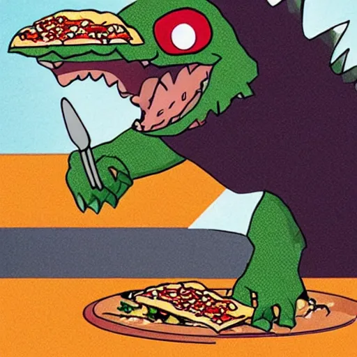 Image similar to an godzilla eating pizza with a fork