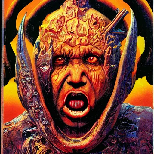 Image similar to Garbage Pail Kids trading card of Nicolas Cage as god of chaos in a hood dark fantasy, intricate, smooth, artstation, painted by Wayne Barlowe, zdislav beksinski