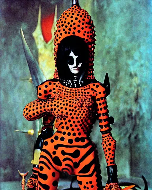 Image similar to portrait of a skinny punk goth yayoi kusama wearing armor by simon bisley, john blance, frank frazetta, fantasy, thief warrior, colorful cats