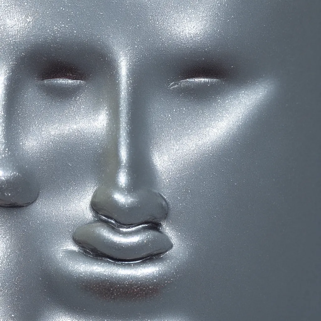 Prompt: a very beautiful portait close up liquid metal face, smooth texture, clearcoat.