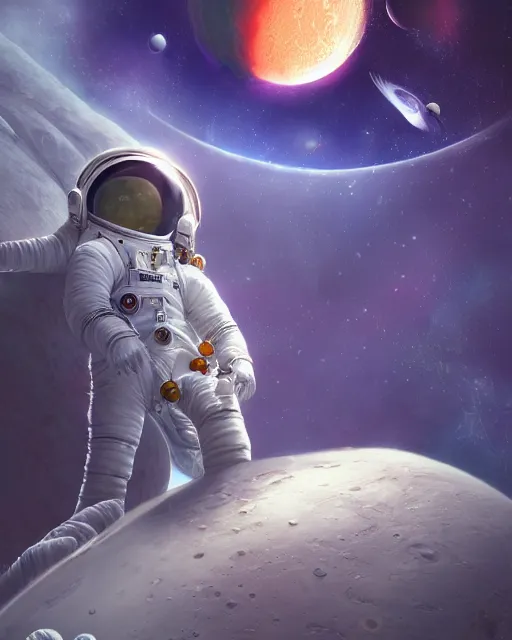 Image similar to wide shoot selfie of ethereal intricate cosmonaut lie relaxed on a crescent moon between the stars and the planets in outer space, cosmonaut post grunge concept art,high detail,4k, trending on artstation by Yoshitaka Amano, josan gonzalez and tyler edlin