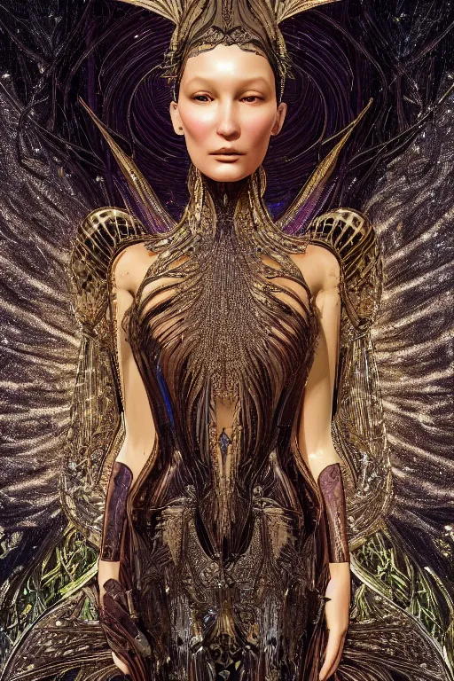 Prompt: a highly detailed portrait of a beautiful alien goddess bella hadid in iris van herpen dress in diamonds in style of alphonse mucha art nuvo trending on artstation made in unreal engine 4