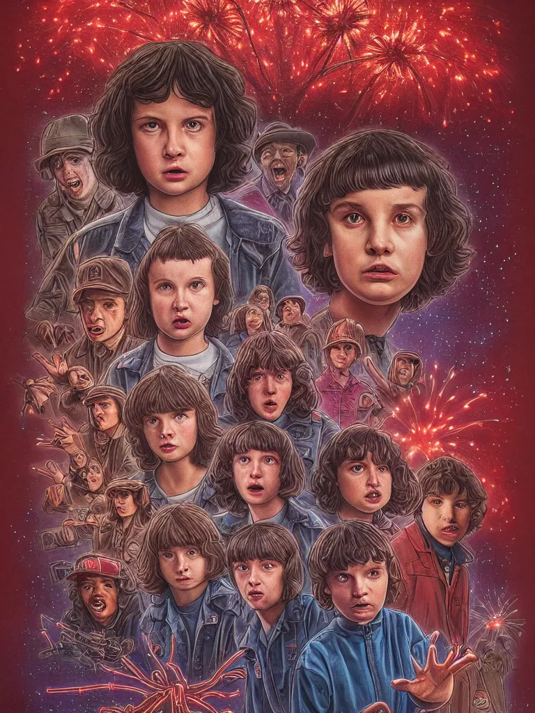 Image similar to A new Stranger Things poster, a detailed painting featuring Finn Wolfhard (Mike Wheeler) from Stranger Things turned on his back floating around being surrounded by red dust from the series, spiders crawling out of the ground, rain, fear, Andrew Ferez traits, cg society, fantasy art, biomorphic, mystical, whimsical, 8k