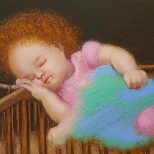 Image similar to a small curly headed child sleeping in a crib, beautiful painting, pastel colors, oil on canvas