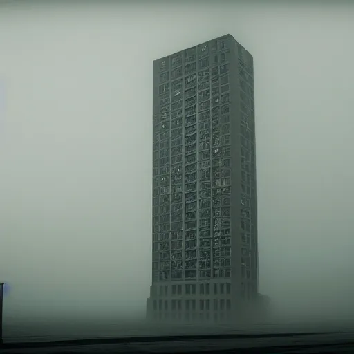 Prompt: a very tall soviet panel building in the fog, dystopian style, 4k, octane, hyperrealistic, extremely detailed,