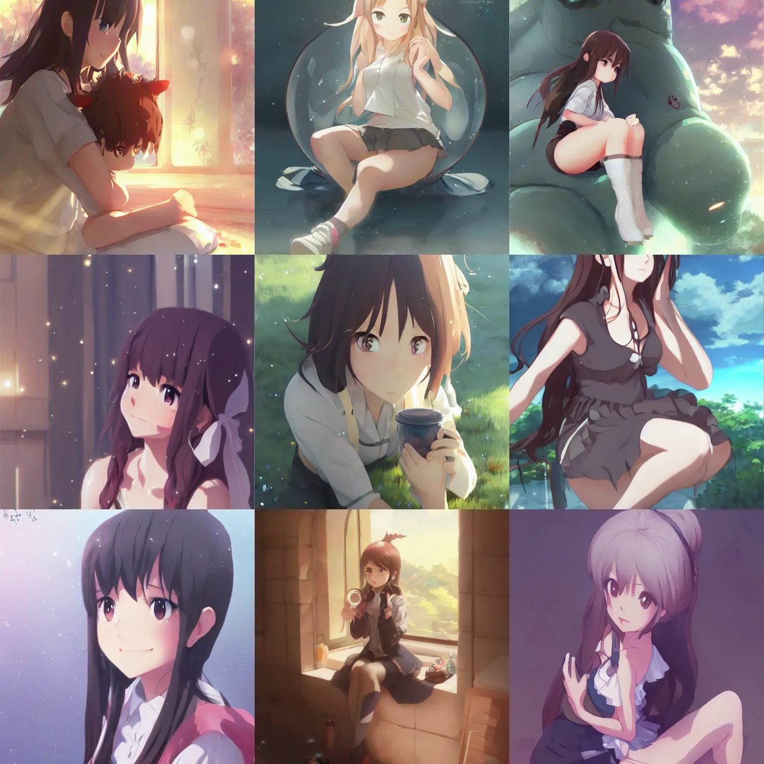 Prompt: kawaii, a beautiful adorable big creature sitting in a jar, kate beckinsale as cute girl, by makoto shinkai an krenz cushart