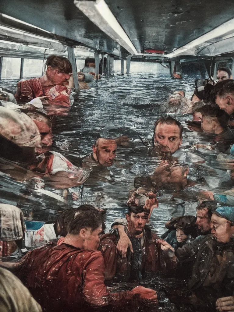 Prompt: Photo from the inside of a heavily flooded the metro wagon, in the center of the frame stands one calm man up to his chest in water and looks at the camera. Warm lighting, color photo, USSR, extremely detailed, 8k, colorful, 85mm