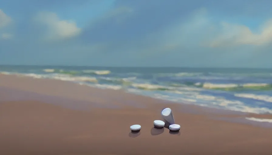 Prompt: an oil painting of an antibiotic pill at the beach, illustration, cinematic lighting, establishing shot
