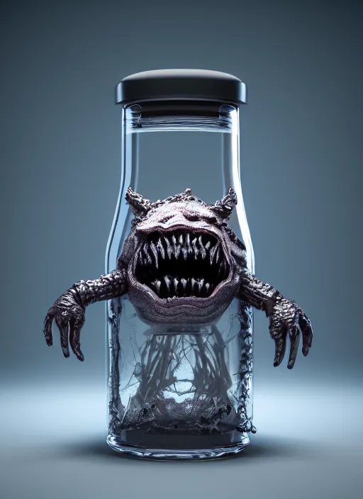 Prompt: magic glass flasks small anthropomorphic monster with sharp teeth inside, realistic, intricate, rendered in octane caustics subsurface scattering render 8 k