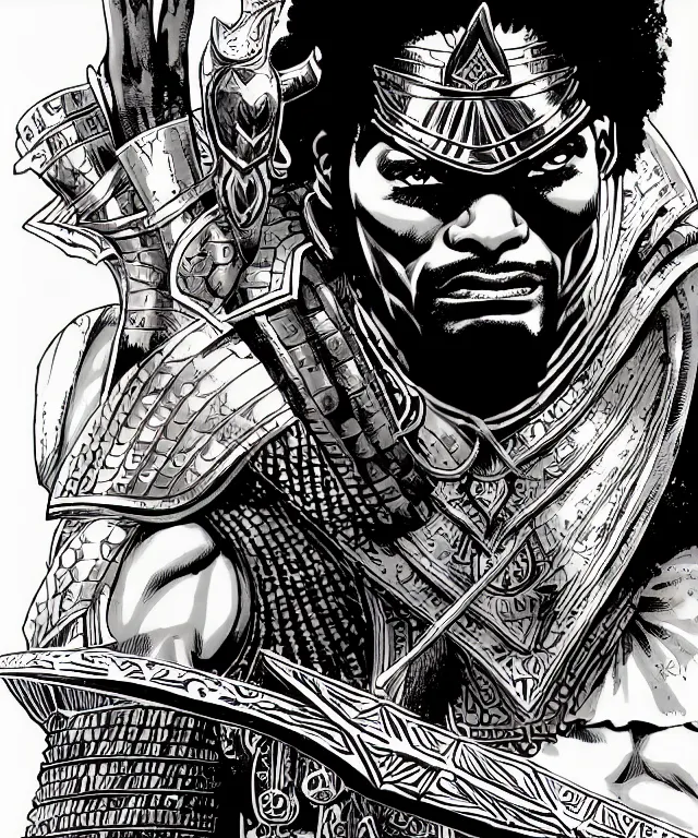 Prompt: a ( fantasy comic ) ( cover art ) portrait of a ( egyptian warrior ) who looks like ( keith david in they live ), digital illustration by tomoyuki yamasaki and sana takeda and kentaro miura, fine inking lines, vivid colors, dnd, photorealistic, hd, 4 k, trending on artstation