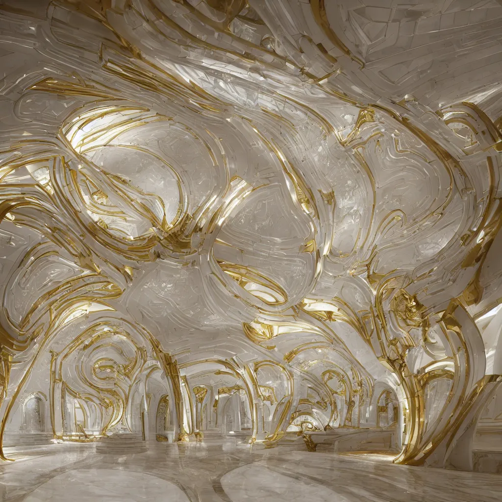 Prompt: an incredibly smooth curvilinear neo baroque interior architectural spatial sculpture, a golden pool on the ground is envelope by folding white surfaces, blue light, visually satisfying seductive architecture render