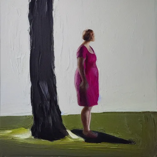 Image similar to _ in _ these _ paintings _ we _ see _ a _ big and tall _ woman in a busy void space with a tree, 8 k, realistic, in the style of ben quilty, edward hooper, minimal pink palette, medium shot, studio light, thick oil paint with brushstrokes of paint, impasto, bright, happy detailed,