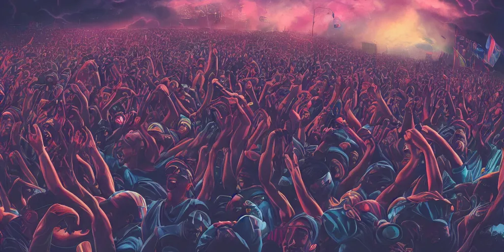 Prompt: rapper leaning over huge crowd reaching up to him, ominous storm, digital art, vapor wave, hip hop, psychedelic, trending on Artstation, professional artist, detailed, 4k