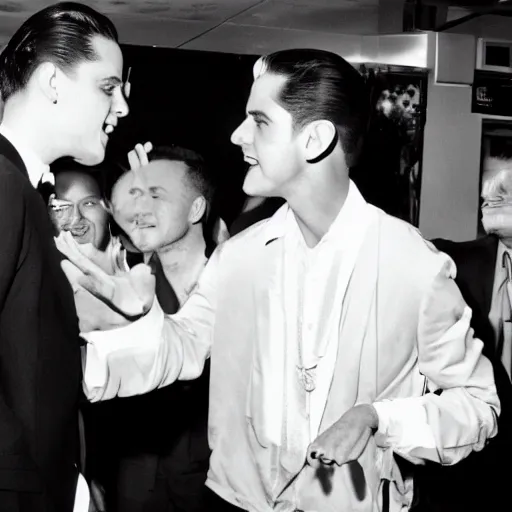 Image similar to G-Eazy meeting Frank Sinatra in the Hollywood Boulevard, filmed by Steven Spielberg