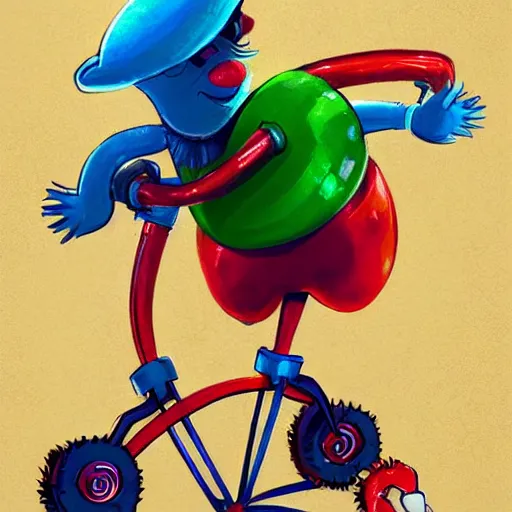 Image similar to funny clown riding a unicycle while juggling bowling pins, concept art, illustrated, highly detailed, high quality, bright colors, optimistic,