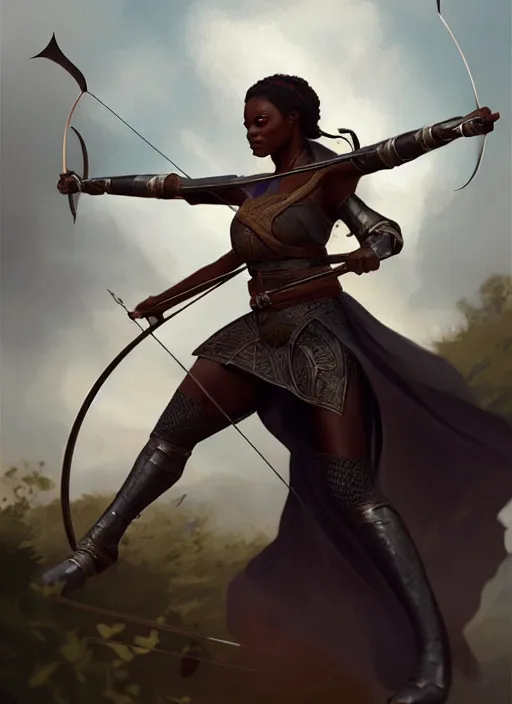 Image similar to full body portrait of beautiful black woman as a medieval archer, aiming her crossbow, cinematic and dramatic, highly detailed, digital painting, artstation, concept art, smooth, sharp focus, illustration, face by wlop, illustrated by mars ravelo and greg rutkowski