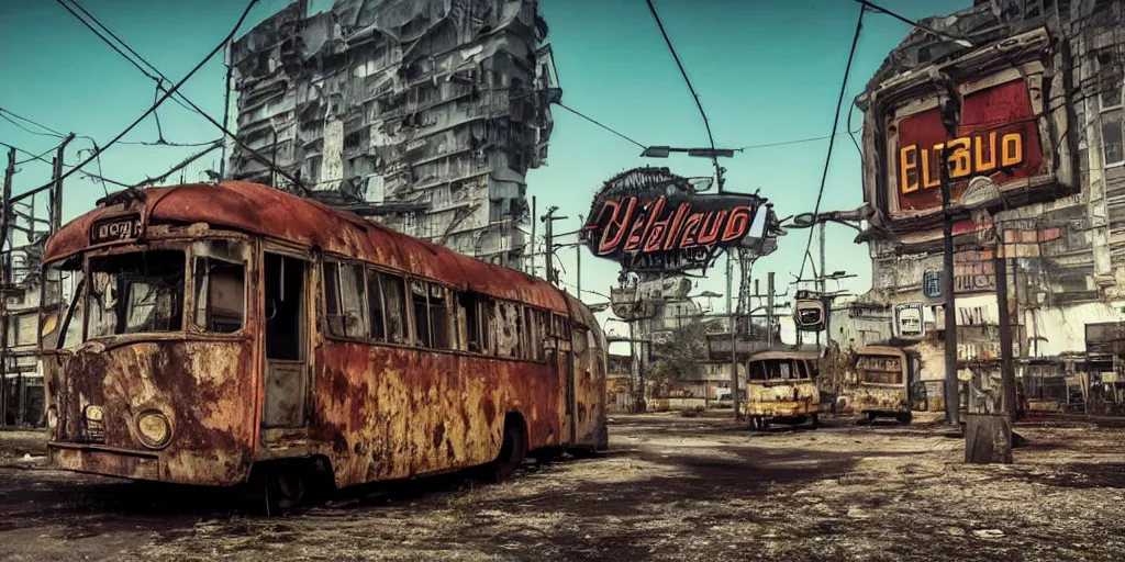 Image similar to low wide angle shot of dilapidated fallout 5 europa, retro futuristic overgrown euro cityscapes, desolate, dilapidated neon signs, few rusted retro futuristic vintage parked vehicles like cars, buses, trucks, trams, volumetric lighting, photorealistic, daytime, spring, clear weather, sharp focus, ultra detailed, 3 5 0 0 k