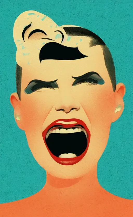 Prompt: illustration portrait of a woman with white buzzcut laughing out loud, art deco painting by tom whalen, funny meme photo, trending on behance, digital illustration, storybook illustration, grainy texture, flat shading, vector art, airbrush, pastel, watercolor, poster