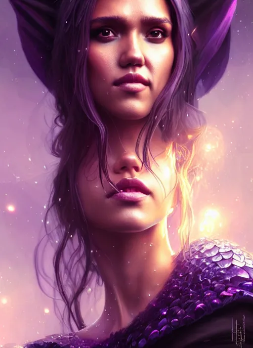 Image similar to portrait jessica alba, adventurer outfit large cloak, fantasy forest landscape, dragon scales, fantasy magic, undercut hairstyle, short purple black fade hair, dark light night, intricate, elegant, sharp focus, illustration, highly detailed, digital painting, concept art, matte, art by wlop and artgerm and greg rutkowski and alphonse mucha, masterpiece