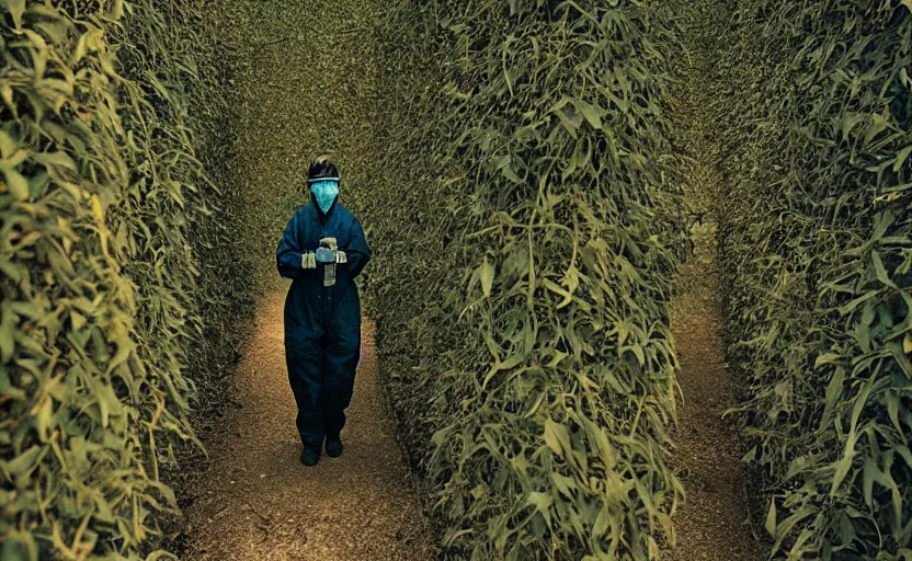 Prompt: cinestill 5 0 d photographic portrait by helen levitt of evil hazmat scientists walking through a brutalist hedge maze, extreme closeup, cinematic, modern cyberpunk, dust storm, 8 k, hd, high resolution, 3 5 mm, f / 3 2