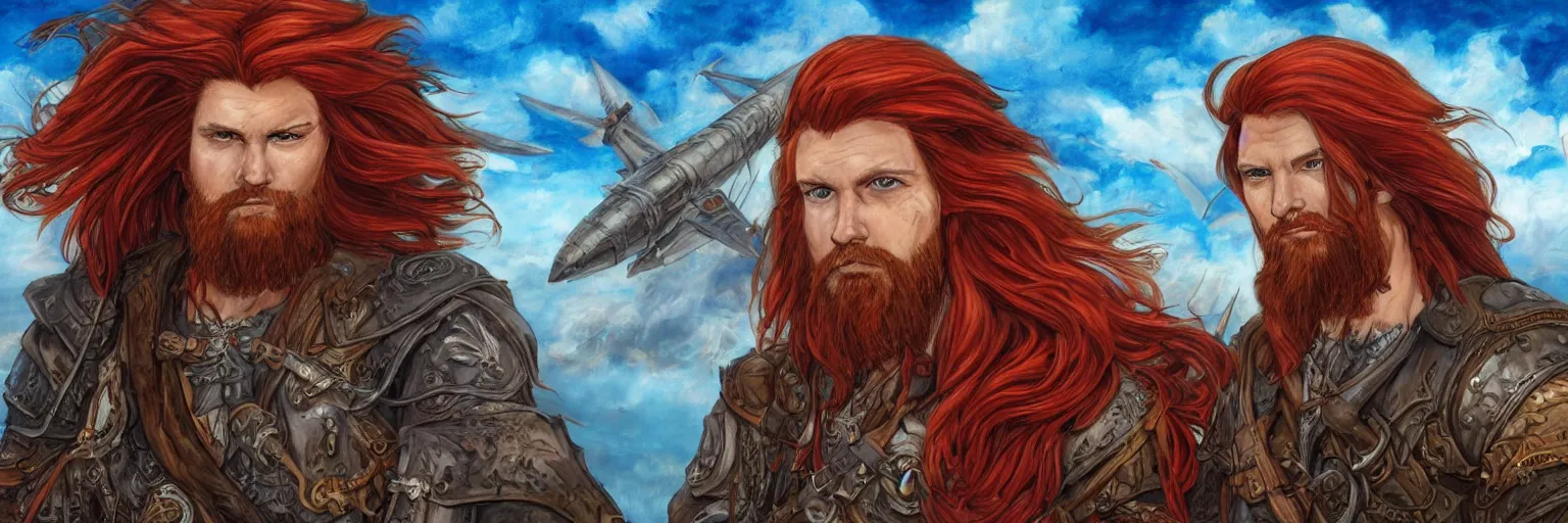 Image similar to colored pencils an epic fantasy comic book style portrait painting of a long haired, red headed male sky - pirate in front of an airship, character sheet, fine details, concept design, contrast, kim jung gi, pixar and da vinci, trending on artstation, 8 k, 3 6 0 head, turnaround, front view, back view, ultra wide angle