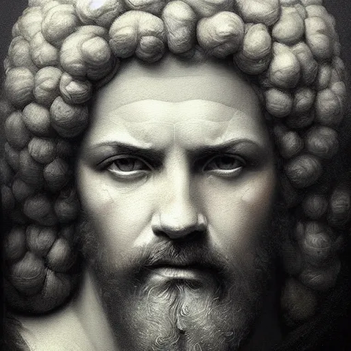 Prompt: breathtaking soft painting of zeus in a cloudy sky, realistic symmetrical face features, rembrandt style, elegant, highly detailed, artstation, concept art, matte, sharp focus, art by tom bagshaw, and greg rutkowski