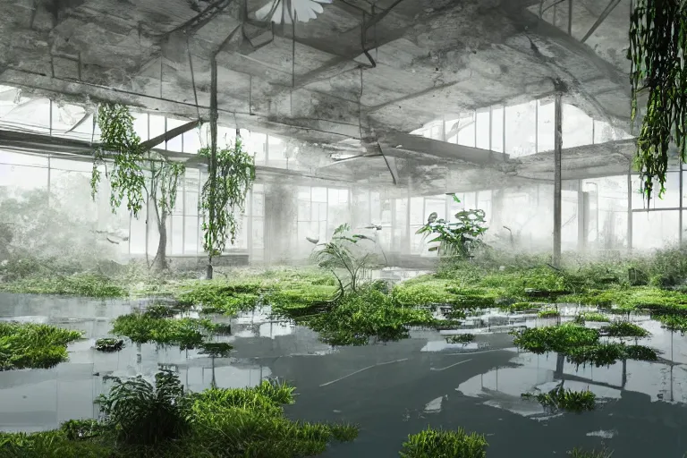 Prompt: A huge interior of a ruined office, flooded with water, lush and aquatic plants covering the place, digital art, trending on Artstation