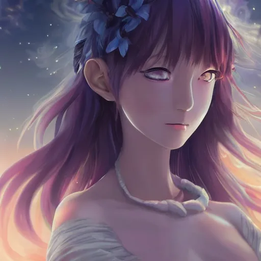 Image similar to A realistic anime painting of a celestial goddess with glowing silver eyes. digital painting by Sakimichan, Makoto Shinkai, Rossdraws, Pixivs and Junji Ito, digital painting. trending on Pixiv. SFW version —H 1024