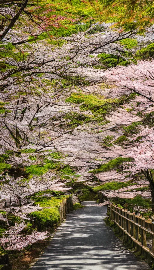 Prompt: a shinto shrine path atop a mountain,spring,sakura trees,beautiful,nature,distant shot,random point of view