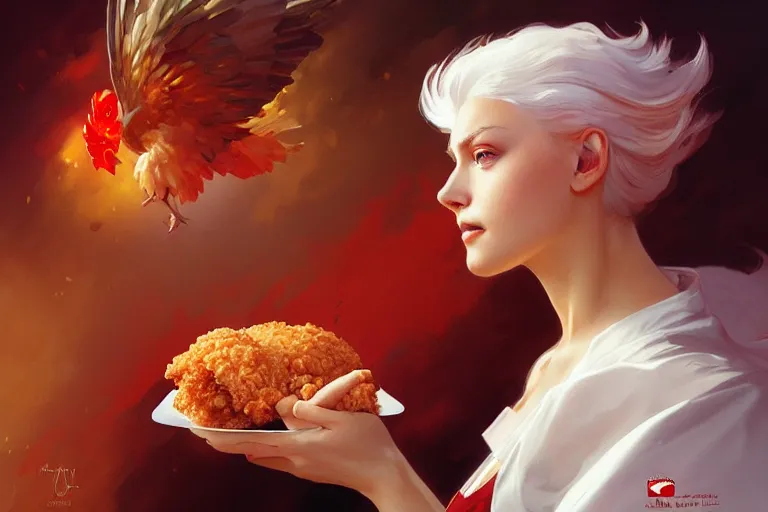 Image similar to kfc chicken, portrait, elegant, intricate, digital painting, artstation, concept art, smooth, sharp focus, illustration, art by artgerm and greg rutkowski and alphonse mucha