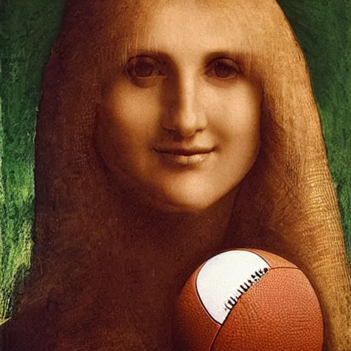 Prompt: Olivia Newton-John holding football face close-up by Leonardo da Vinci