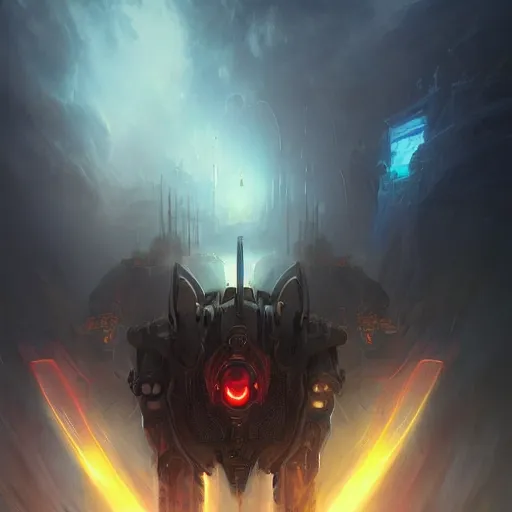 Prompt: ''cinematic shot'' of a demonic dark mech with red eyes looking into your soul realistic atmosferic made by ivan aivazovsky, peter mohrbacher, greg rutkowski volumetric light effect broad light oil painting painting fantasy art style sci - fi art style realism premium prints available artwork unreal engine