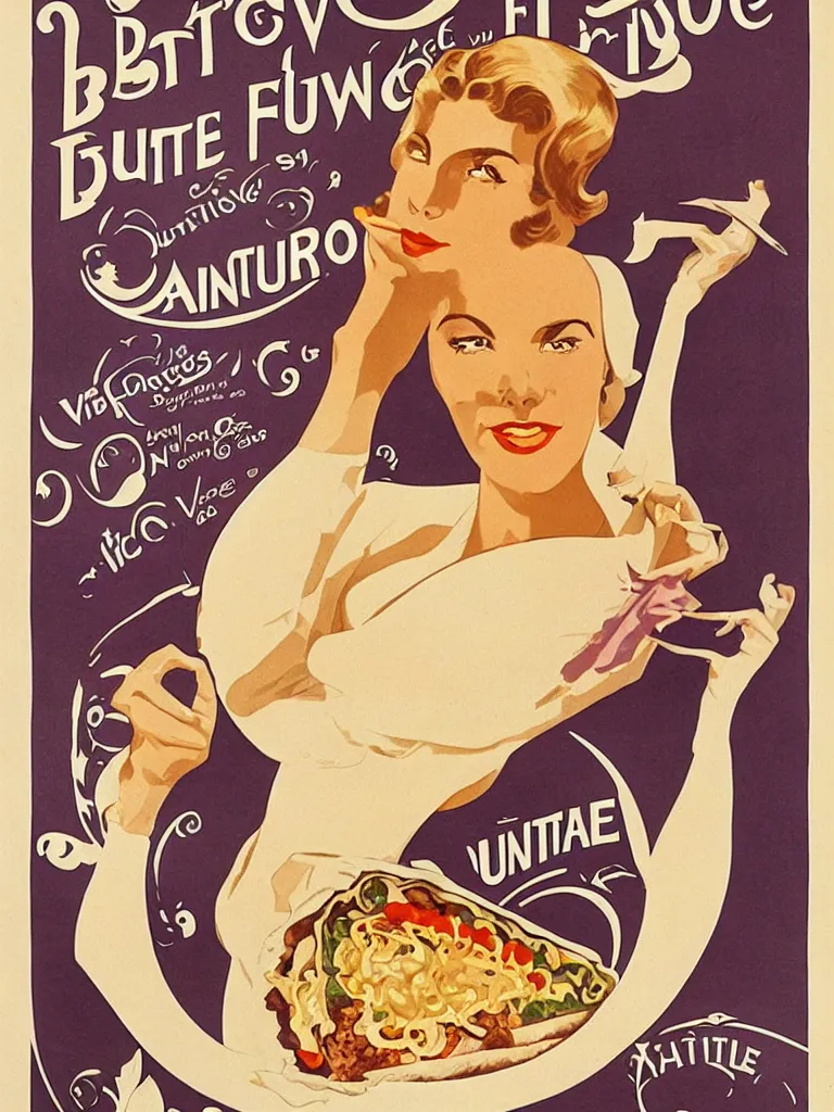 Image similar to Beautiful matte art nouveau advertisement from the distant future for the ultimate everything burrito. Detailed advertisement for a delicious everything burrito by Victor Horta featuring Grace Kelly. This burrito will change your life. Sultry, youthful, extreme beauty. Beautifully detailed poster art advertisement. perfect composition. perfection of burrito form. Extra toppings.