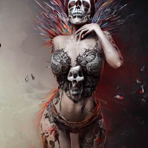 Image similar to full body pose, hyperrealistic mixed media painting of beautiful skull woman, dim volumetric lighting, 8 k, octane beautifully detailed render, extremely hyper detailed, intricate, epic composition, cinematic lighting, masterpiece, trending on artstation, very very detailed, masterpiece, stunning, hdr, smooth, sharp focus, high resolution, award, winning photo, dslr, 5 0 mm