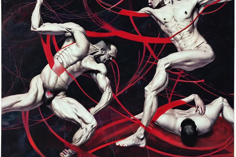 Image similar to two muscular men entwined, floating in space, zero gravity, inside a brutalist space ship, gothic, rich deep colours, painted by francis bacon, adrian ghenie, james jean and petra cortright, part by gerhard richter, part by takato yamamoto. 8 k masterpiece