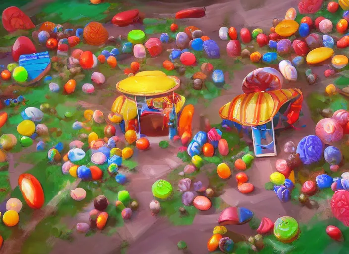 Image similar to candy zoo for a game candy themed, top angle, oil painting by jama jurabaev, extremely detailed, brush hard, artstation, for aaa game, high quality, brush stroke