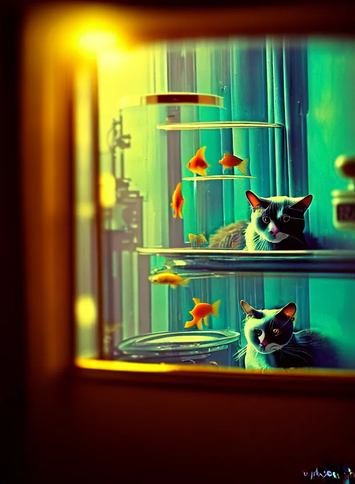 Image similar to telephoto 7 0 mm f / 2. 8 iso 2 0 0 photograph depicting the feeling of chrysalism in a cosy safe cluttered french sci - fi ( ( art nouveau ) ) cyberpunk apartment in a pastel dreamstate art cinema style. ( cat ) ( ( fish tank ) ), ambient light.