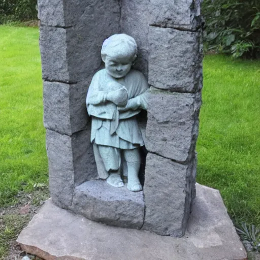 Image similar to stone statue of kid a book, outdoors