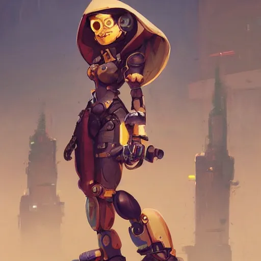 Image similar to a magic robotic steampunk mechanic wearing a hood and a scarf. overwatch character, concept art, character design, artstation trending, by rossdraws, wlop, greg rutkowski, greg manchess