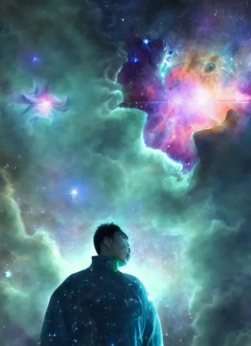 Prompt: nebula consciousness as a giant, stars surround him, interesting angle, sharp focus, 8 k high definition, insanely detailed, intricate, art by kazuya takahashi, fenghua zhong, sangsoo jeong, kevin hou