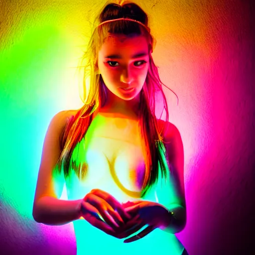 Image similar to a girl glowing with neon colors, high details, photo model