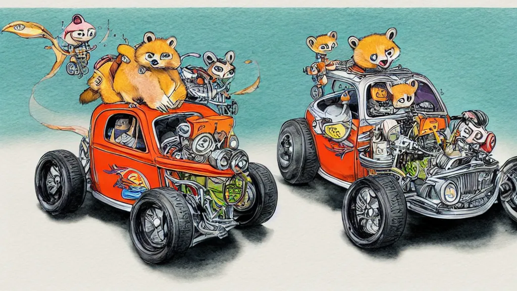 Image similar to cute and funny, racoon riding in a tiny hot rod coupe with oversized engine, ratfink style by ed roth, centered award winning watercolor pen illustration, isometric illustration by chihiro iwasaki, edited by range murata