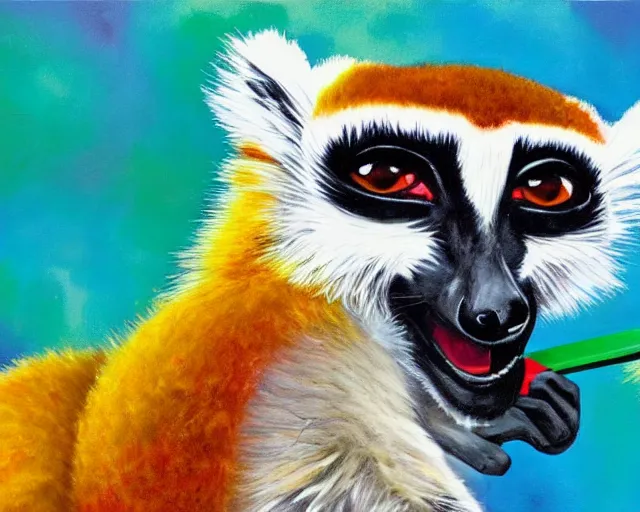 Image similar to a bright happy juxtapoz oil painting of a lemur eating a popsicle