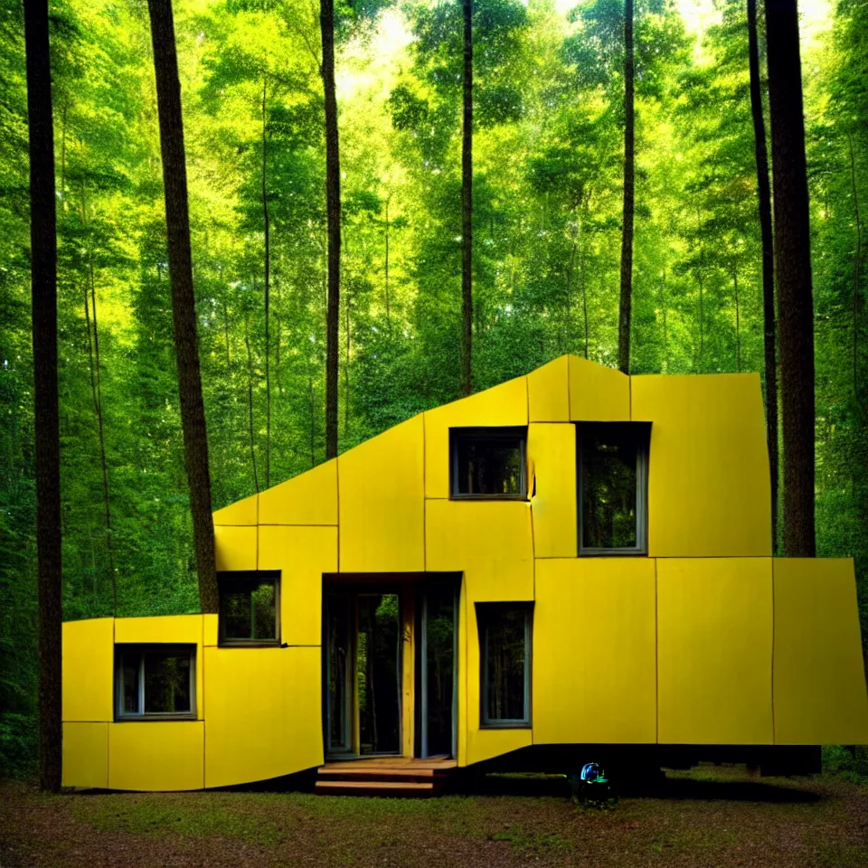 Image similar to a tiny tiny house with big tiles, from far away, in a forest, designed by frank gehry. film grain, cinematic, yellow hue